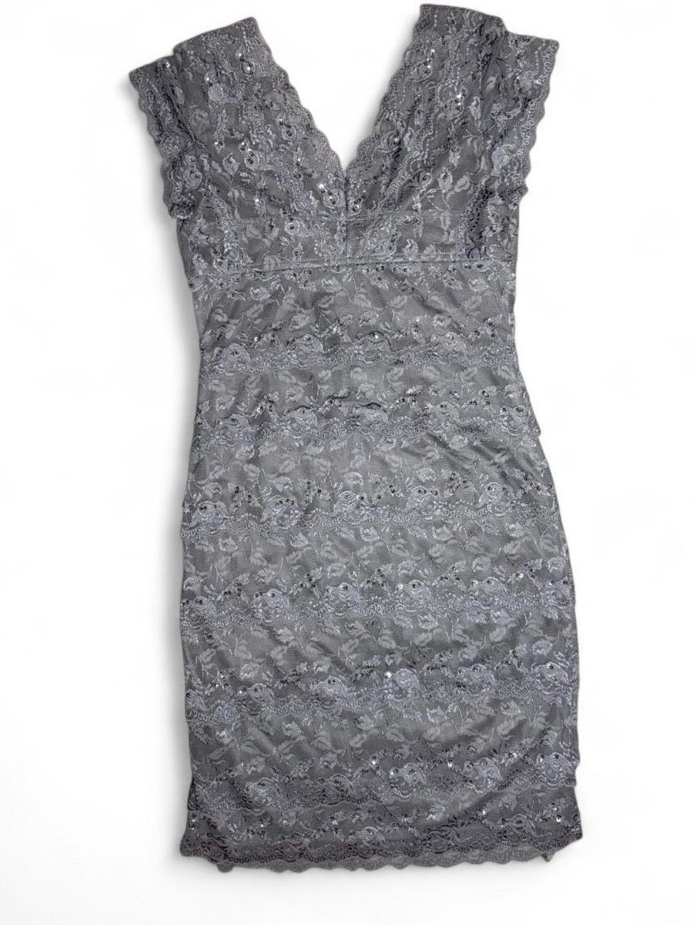 Blu Sage Silver Blue Grey Beaded Lace Dress Size 10 Ruffle Sequin Cocktail Party